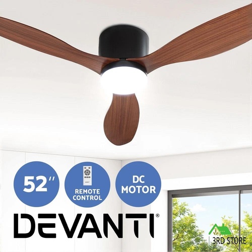 Devanti 52'' Ceiling Fan DC Motor 3 Blades LED Light Remote 5 Speed Dark Wood