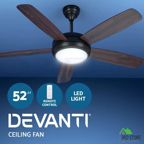 Devanti 52'' Ceiling Fan 5 Wooden Blades Fans LED Light Remote Control Timer