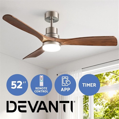 Devanti 52" Ceiling Fan with Light Remote Control DC Motor Smart App Timber Blades Brown