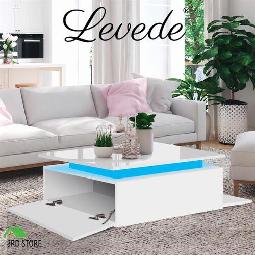 Levede Coffee Table LED Lights High Gloss Storage Drawer Living Room White