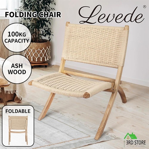 Levede Foldable Single Deck Chair Solid Ash Wood Kraft Rope Paper Woven Seat