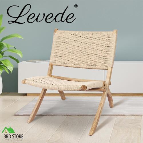 Levede Foldable Single Deck Chair Solid Ash Wood Kraft Rope Paper Woven Seat