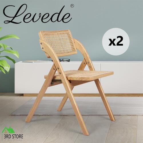 Levede 2x Foldable Chair Solid Wood Rubberwood Rattan Cane Furniture Lounge Seat