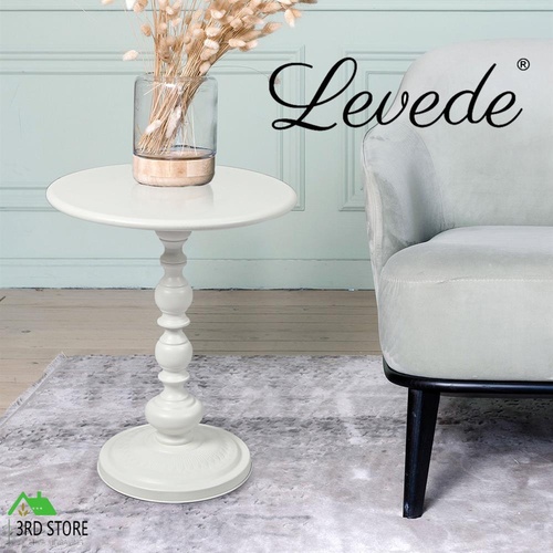 Levede Side Table Vintage End Round Tabletop Steel Base Nightstand Antique White