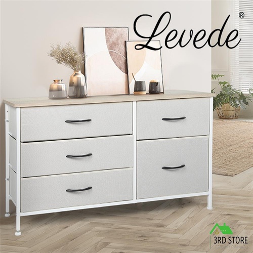 Levede Storage Cabinet Tower Chest of Drawers Dresser Tallboy 5 Drawer Beige
