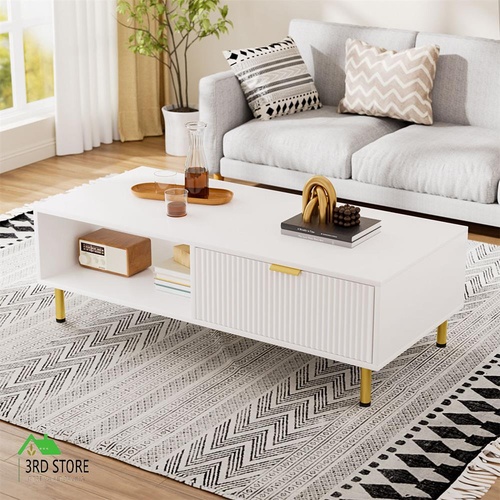 Levede Modern White Coffee Table w/ Drawer & Shelf – Gold Legs 110x50x40cm