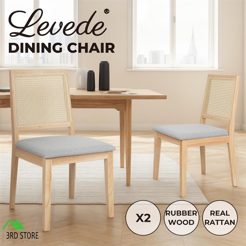 Levede 2x Dining Chair Solid Wood Rattan Weave Lounge Seat Upholstered Linen