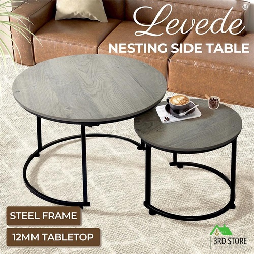 Levede Round Nesting Table Coffee Table Set of 2 Wood Side Table End Table Grey