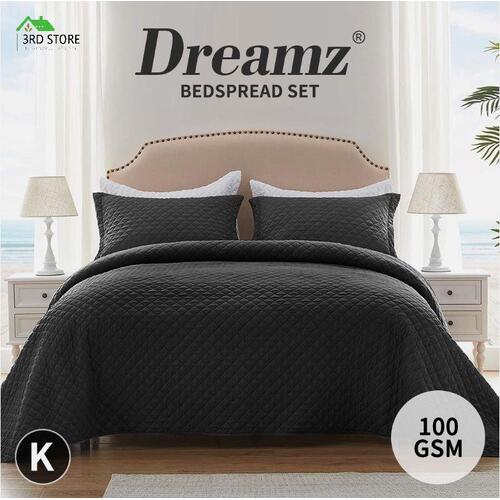 DreamZ Bedspread Coverlet Set Quilted Comforter Soft Pillowcases King Dark Grey