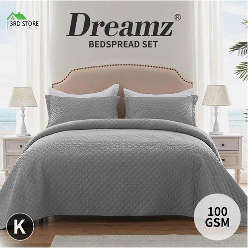DreamZ Bedspread Coverlet Set Quilted Comforter Soft Pillowcases King Grey