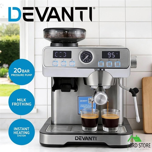 Devanti Coffee Machine Espresso Latte Maker with Grinder Milk Frother Steam Wand