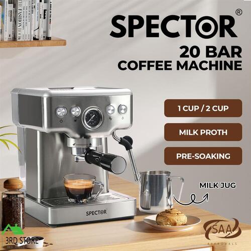 Spector Coffee Machine 20 Bar Espresso Cappuccino Maker Frother LCD Pre-soaking