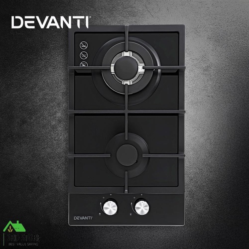 Devanti Gas Cooktop 30cm 2 Burner Built-in Stove Glass Cook Top NG LPG Wok Burner