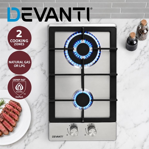 Devanti Gas Cooktop 30cm 2 Burner Silver