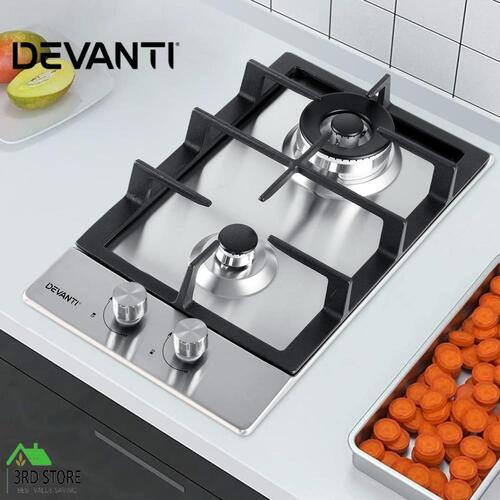 Devanti Gas Cooktop 30cm Gas Stove Cooker 2 Burner Cook Top Konbs NG LPG Steel