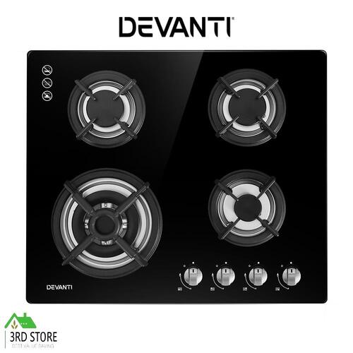 Devanti Gas Cooktop 60cm 4 Burner Ceramic Glass Cook Top Stove Hob Cooker LPG NG