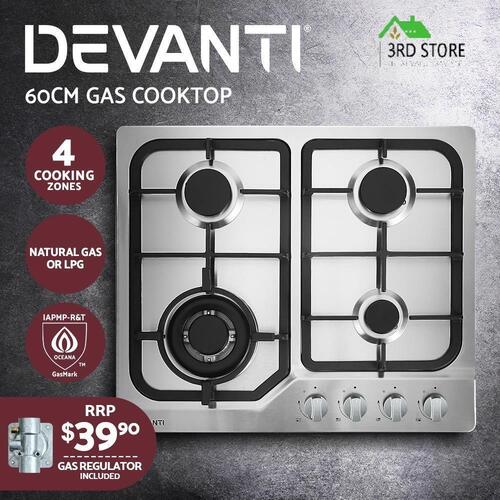 Devanti Gas Cooktop 60cm Gas Stove Cooker 4 Burner Cook Top Konbs NG LPG Steel
