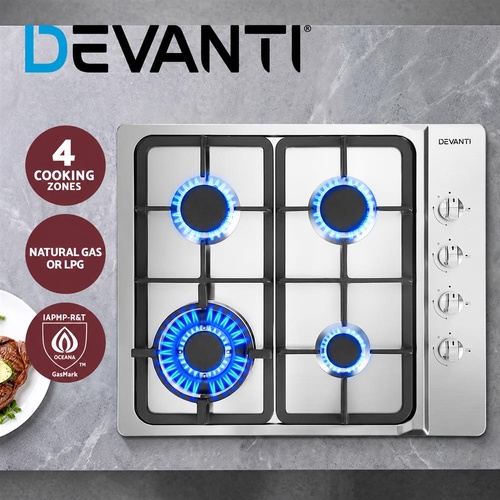 Devanti Gas Cooktop 60cm Kitchen Stove 4 Burner Cook Top NG LPG Stainless Steel