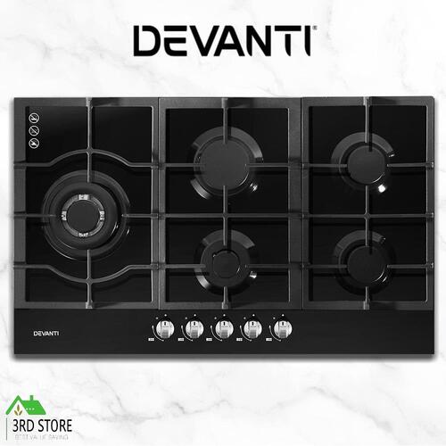 Devanti Gas Cooktop 90cm 5 Burner Stove Hob Cooker Kitchen NG LPG Black Glass