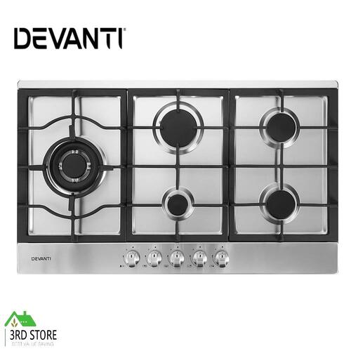 Devanti Gas Cooktop 90cm Kitchen Stove Cooker 5 Burner Stainless Steel NG/LPG