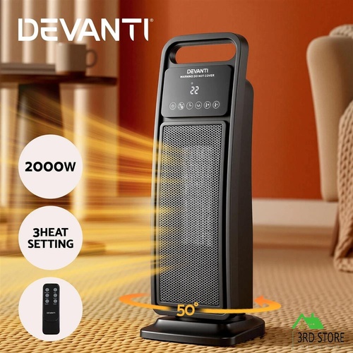 Devanti 2000W Ceramic Tower Heater Space Heaters Indoor Oscillating Black