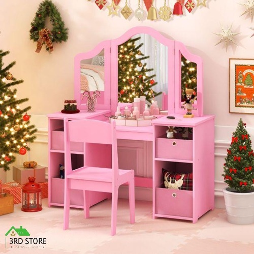 RETURNs 2 in 1 Kids Vanity Table and Stool Set Tri-fold Mirror Makeup Dressing Desk PINK