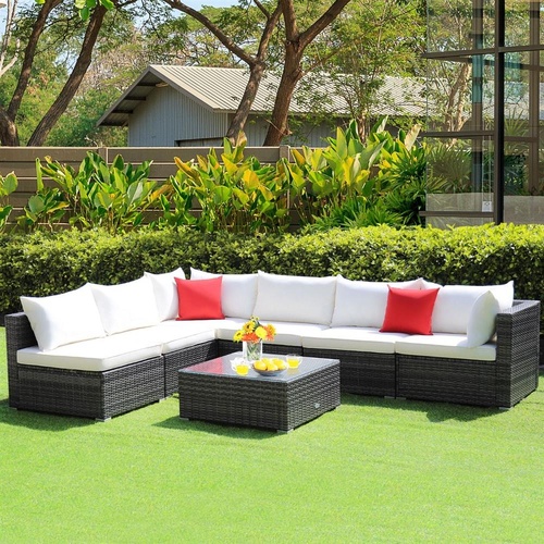 RETURNs 7 Piece Patio Rattan Conversation Set with Seat & Back Cushions for Backyard