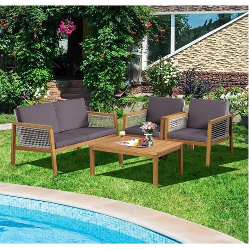 RETURNs 4-Piece Patio Acacia Wood Furniture Set Outdoor PE Rattan Conversation Set