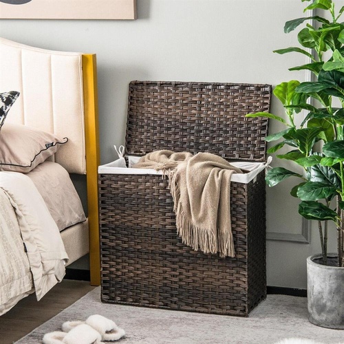 3-Section Clothes Hamper Rattan Laundry Basket w/Removable & Washable Li
