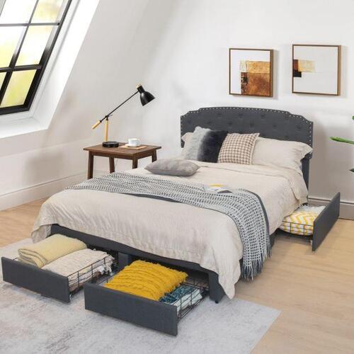 Double Size Upholstered Platform Bed Frame with 4 Storage Drawers
