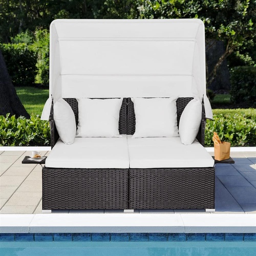 RETURNs Outdoor Rattan Daybed Sunbed Wicker Furniture Retractable Canopy Patio Sofa Set
