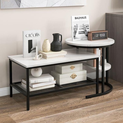 Nesting Coffee Table Set of 2 with Storage Shelf for Living Room Bedroom Marble