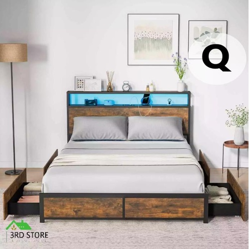 Queen Metal Bed Frame w/ Smart RGB LED Lights & Charging Station Rustic Brown