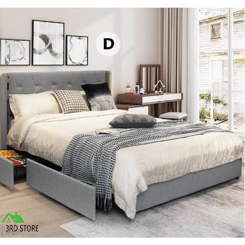 RETURNs Double Size Upholstered Bed Frame Mattress Base with 4 Drawers Storage Grey
