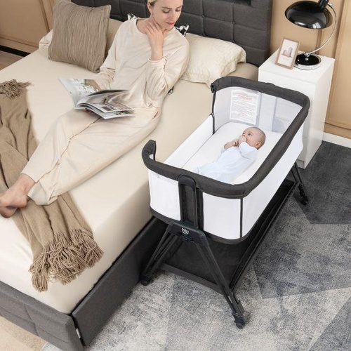 Bedside Sleeper Easy Folding Portable Crib Adjustable Kid Bed Grey