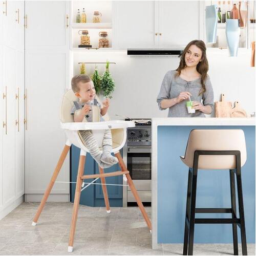 Baby High Chair Wooden Infant Toddler Eating Feeding Chair w/ Double 4-Gear Tray
