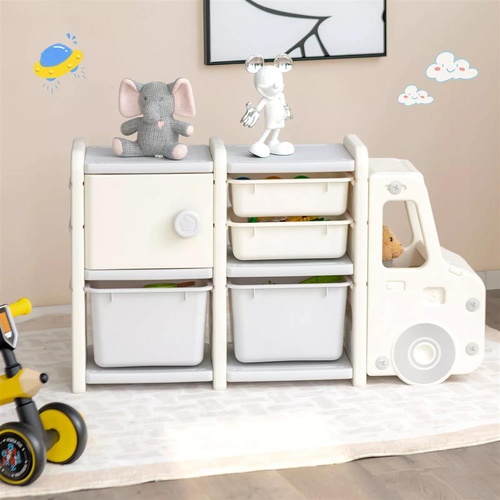 Kids Toy Storage Organizer Truck-shaped Toddler Storage Cabinet w/Bins & Drawers