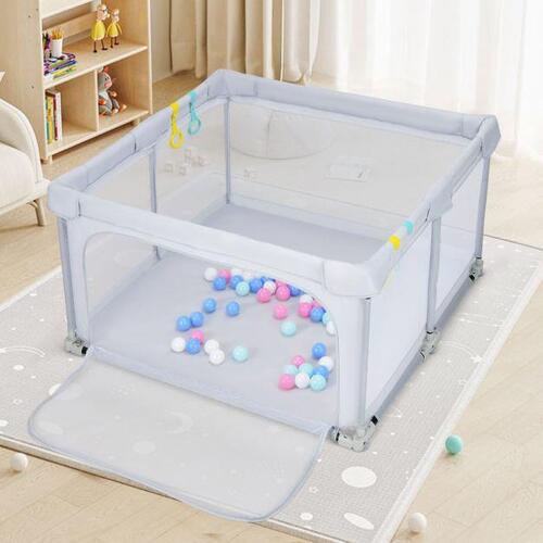 124cm Foldable Baby Playpen Interactive Activity Center with Balls Pull Rings