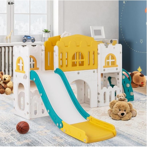 All in 1 L-shaped Toddle Slide with Tunnel and Basketball Hoop for Toddlers Age