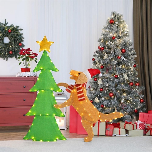 Costway 140CM Christmas Tree with Dog Decoration for Yard/ Porch Lawn