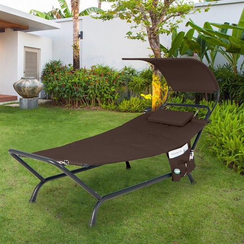 Patio Hanging Chaise Lounge Chair w/ Canopy, Cushion, Pillow & Storage Bag
