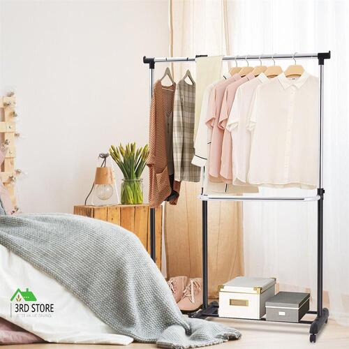 Single Rail Mobile Garment Rack with Wheels & Bottom Shelf
