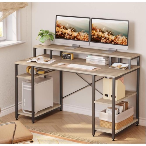 Bestier Computer Desk Monitor Stand 55" Light Oak Adjustable Shelves X-Frame
