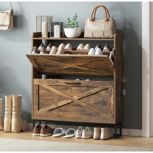 Shoe Storage Cabinet with 2 Flip Drawers and Metal Legs Rustic Dark Brown
