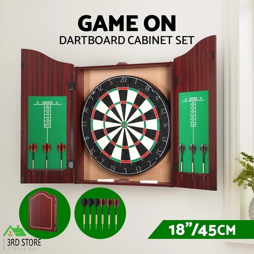 18" Dartboard Cabinet Set Professional Dartboard Wood Classic Game Party Sport