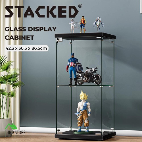Stacked Display Cabinet Collection Storage Tempered Glass 2 Tier With Lock Blac