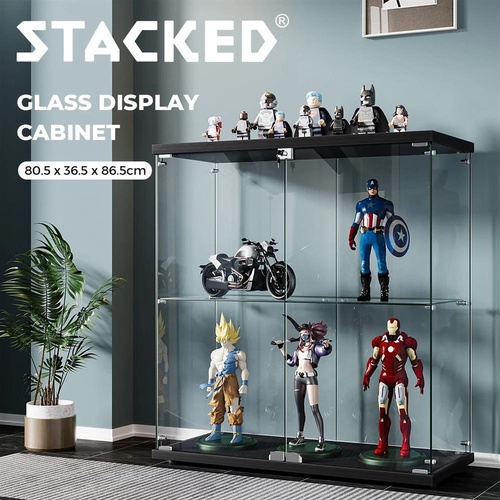Stacked Glass Display Cabinet Lockable Collections Storage 2 Tier Shelf 2 Door