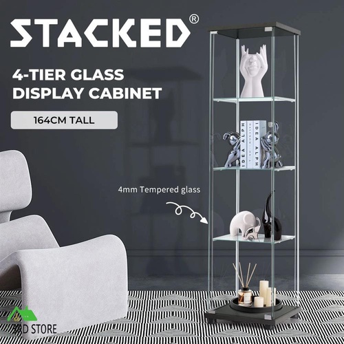 Stacked Display Storage Cabinet Glass Lockable 164cm with 4 Tier Shelves Floor