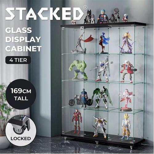 Stacked Wheeled Glass Display Cabinet Lockable Key Clear Showcase Storage 169cm