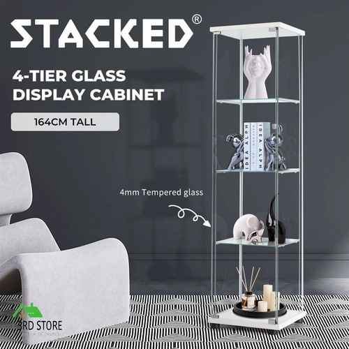 Stacked Display Cabinet Tempered Glass  4 Tier Shelves Lockable Magnetic Door